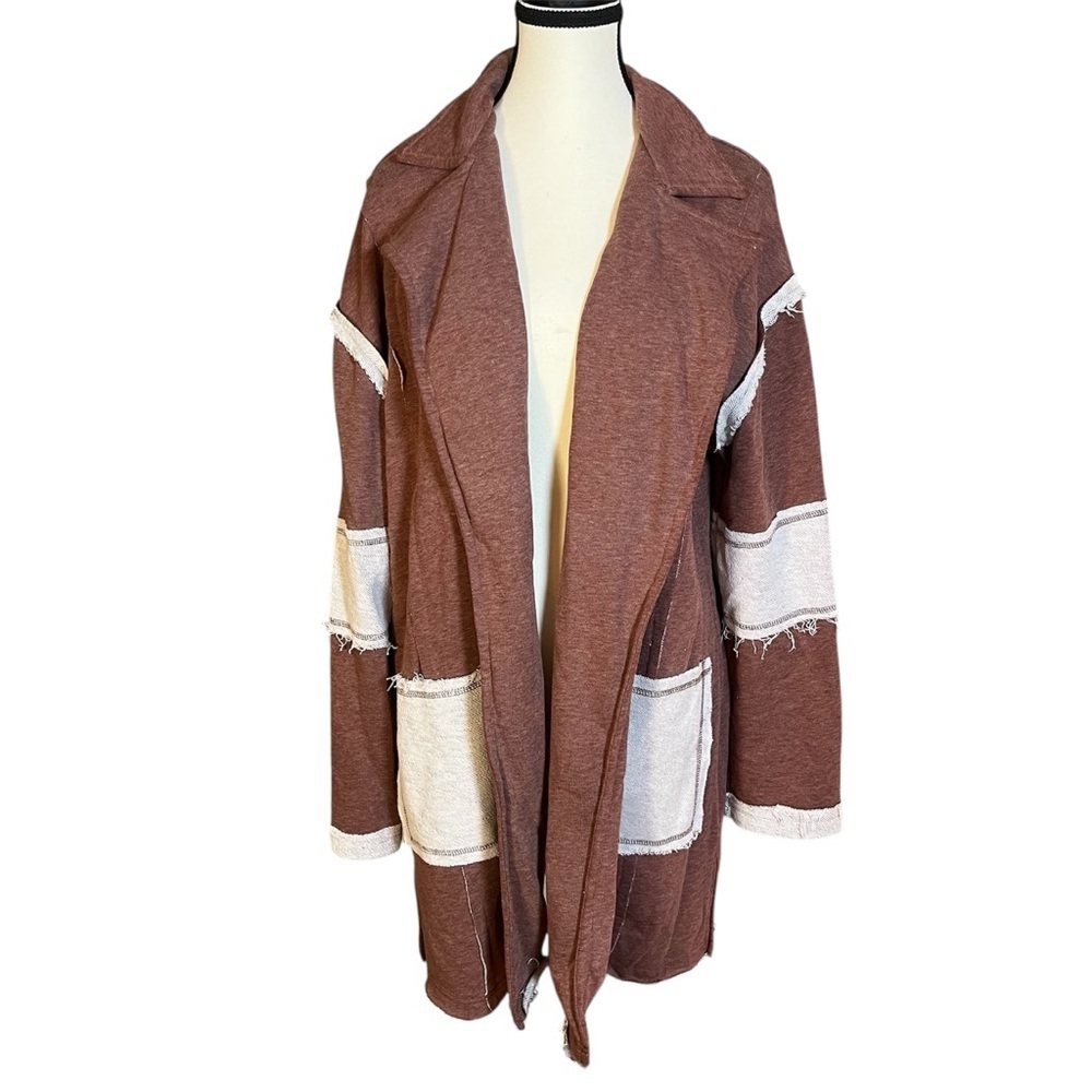 POL Open Front Long Cardigan Brown Cream Pockets Long Sleeve Womens Size Medium